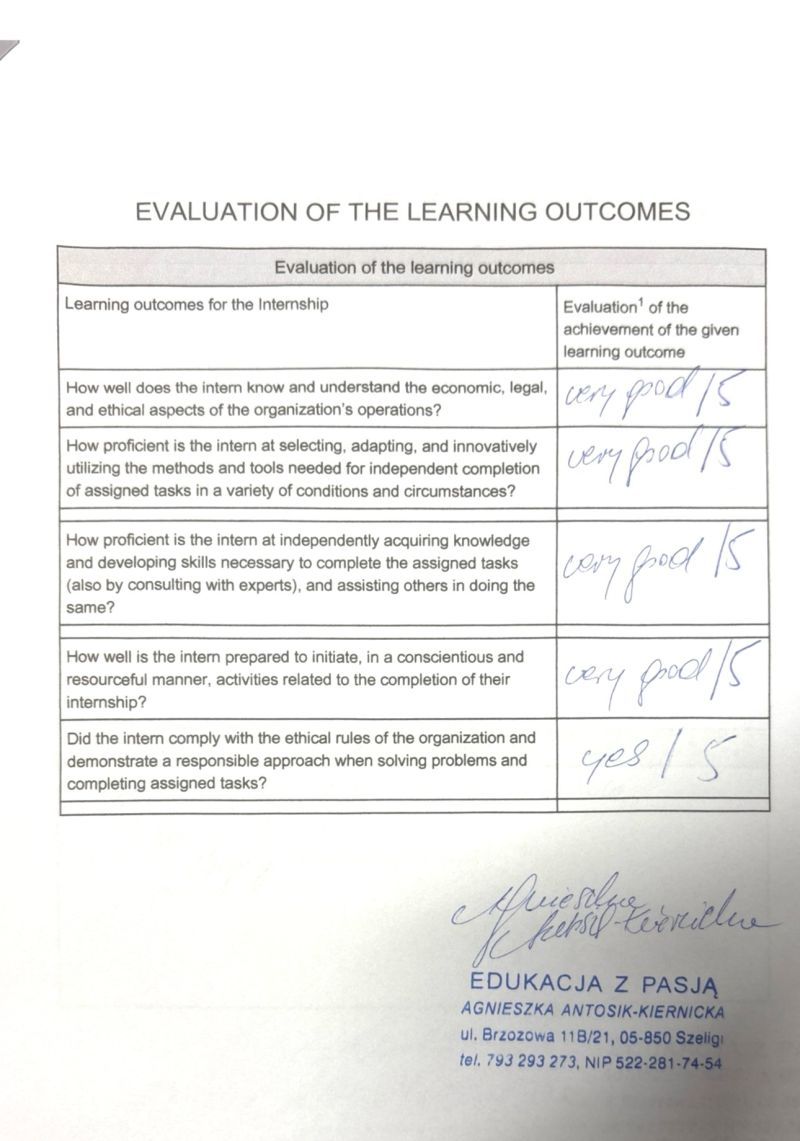 Evaluation of the Learning Outcomes — Very Good 5/5 across all competence areas