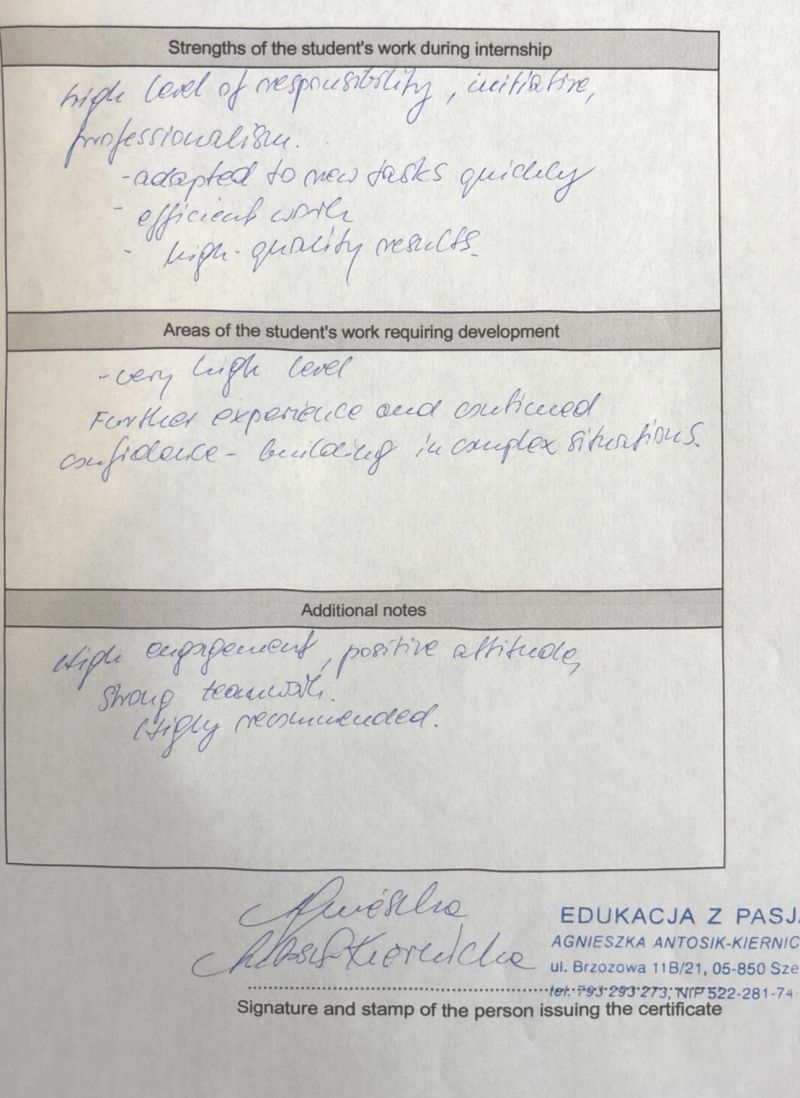 Supervisor feedback — high level of responsibility, initiative, professionalism, highly recommended